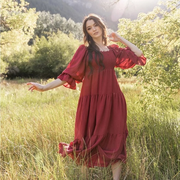 NWT Jovi Lynn Smocked Midi Dress with Pockets - Deep Red - Picture 3 of 9